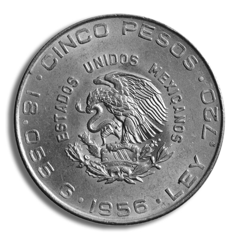 1955-1957 Mexico 5 Pesos Hidalgo Silver Coin (Avg Circ) - Image 2